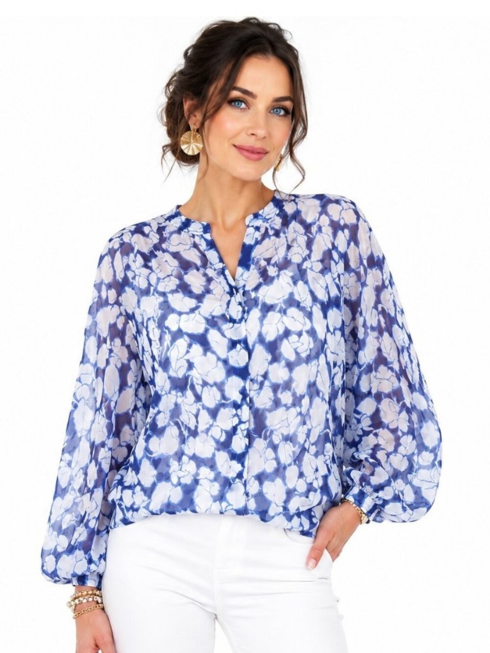 Chico's Georgette Blue White Floral Sheer Blouse Balloon Sleeve Sz 12  2